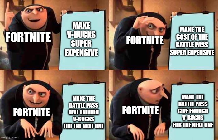 Fortnite's Plan | MAKE THE COST OF THE BATTLE PASS SUPER EXPENSIVE; MAKE V-BUCKS SUPER EXPENSIVE; FORTNITE; FORTNITE; MAKE THE BATTLE PASS GIVE ENOUGH V-BUCKS FOR THE NEXT ONE; MAKE THE BATTLE PASS GIVE ENOUGH V-BUCKS FOR THE NEXT ONE; FORTNITE; FORTNITE | image tagged in memes,gru's plan | made w/ Imgflip meme maker