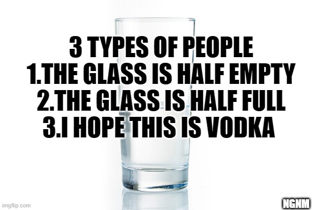 vodka |  3 TYPES OF PEOPLE
1.THE GLASS IS HALF EMPTY
2.THE GLASS IS HALF FULL
3.I HOPE THIS IS VODKA; NGNM | image tagged in vodka,funny meme | made w/ Imgflip meme maker