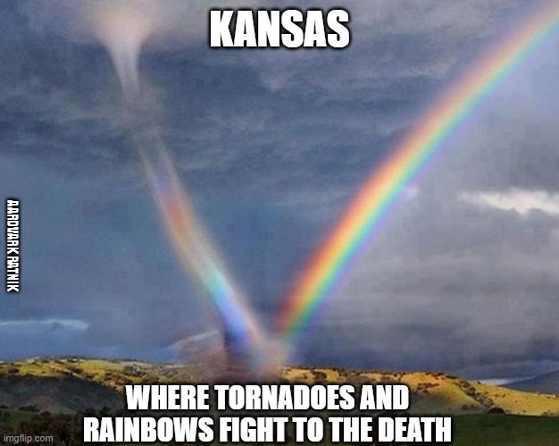 Welcome to Kansas | KANSAS; AARDVARK RATNIK; WHERE TORNADOES AND RAINBOWS FIGHT TO THE DEATH | image tagged in kansas tornado vs rainbow,funny memes,weather,thunder,fighting | made w/ Imgflip meme maker