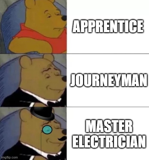 Master Electrician | APPRENTICE; JOURNEYMAN; MASTER ELECTRICIAN | image tagged in fancy pooh,electrician,journeyman,apprentice | made w/ Imgflip meme maker