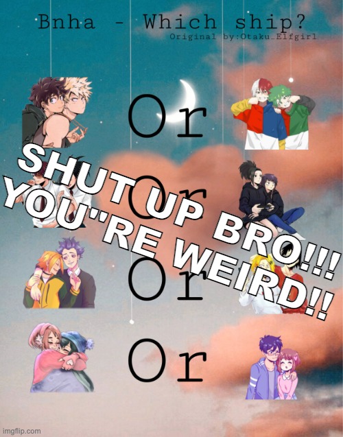 "which shi-" shut UP bro, you're weird!! | SHUT UP BRO!!! YOU"RE WEIRD!! | image tagged in bnha- which ship | made w/ Imgflip meme maker