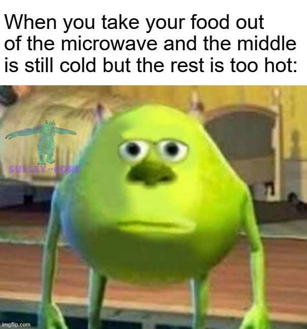 Monsters Inc |  When you take your food out of the microwave and the middle is still cold but the rest is too hot: | image tagged in monsters inc | made w/ Imgflip meme maker