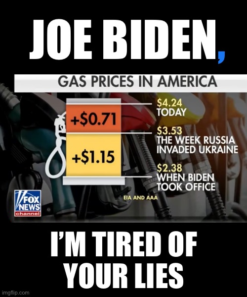 Joe Biden, the serial liar. | , JOE BIDEN; I’M TIRED OF
YOUR LIES | image tagged in joe biden,creepy joe biden,biden,liar,democrat party,gas prices | made w/ Imgflip meme maker