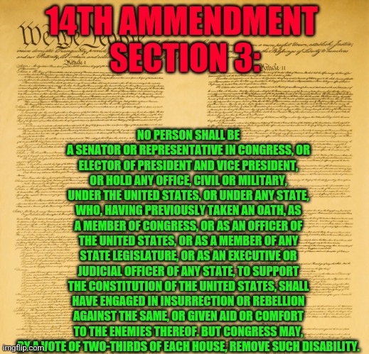 US Constitution (upper segment) | NO PERSON SHALL BE A SENATOR OR REPRESENTATIVE IN CONGRESS, OR ELECTOR OF PRESIDENT AND VICE PRESIDENT, OR HOLD ANY OFFICE, CIVIL OR MILITARY, UNDER THE UNITED STATES, OR UNDER ANY STATE, WHO, HAVING PREVIOUSLY TAKEN AN OATH, AS A MEMBER OF CONGRESS, OR AS AN OFFICER OF THE UNITED STATES, OR AS A MEMBER OF ANY STATE LEGISLATURE, OR AS AN EXECUTIVE OR JUDICIAL OFFICER OF ANY STATE, TO SUPPORT THE CONSTITUTION OF THE UNITED STATES, SHALL HAVE ENGAGED IN INSURRECTION OR REBELLION AGAINST THE SAME, OR GIVEN AID OR COMFORT TO THE ENEMIES THEREOF. BUT CONGRESS MAY, BY A VOTE OF TWO-THIRDS OF EACH HOUSE, REMOVE SUCH DISABILITY. 14TH AMMENDMENT 
SECTION 3: | image tagged in us constitution upper segment | made w/ Imgflip meme maker