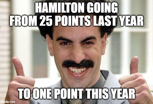Great Success  | HAMILTON GOING FROM 25 POINTS LAST YEAR; TO ONE POINT THIS YEAR | image tagged in great success | made w/ Imgflip meme maker