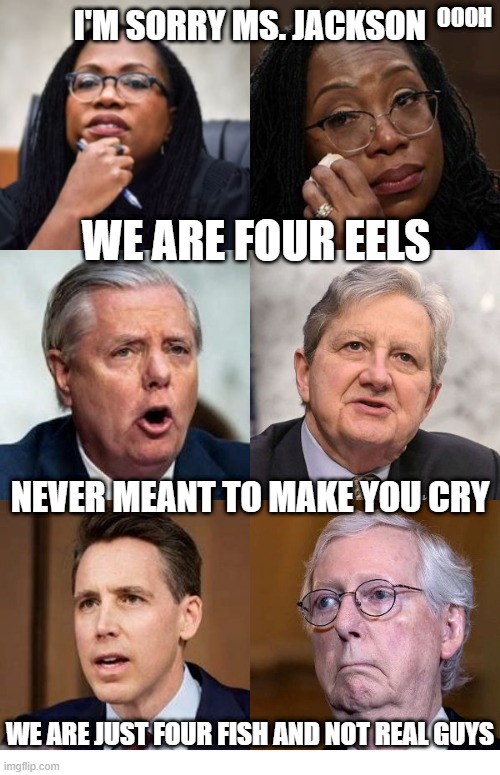 Sorry Ms. Jackson |  OOOH; I'M SORRY MS. JACKSON; WE ARE FOUR EELS; NEVER MEANT TO MAKE YOU CRY; WE ARE JUST FOUR FISH AND NOT REAL GUYS | image tagged in memes,sorry,jackson,mitch mcconnell,kennedy,lindsey graham | made w/ Imgflip meme maker