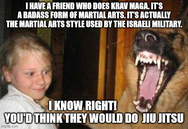 jiu jitsu | I HAVE A FRIEND WHO DOES KRAV MAGA. IT'S A BADASS FORM OF MARTIAL ARTS. IT'S ACTUALLY THE MARTIAL ARTS STYLE USED BY THE ISRAELI MILITARY. I KNOW RIGHT!            YOU'D THINK THEY WOULD DO  JIU JITSU | image tagged in laughing dog,krav maga,martial arts,ninja,joke,punchline | made w/ Imgflip meme maker