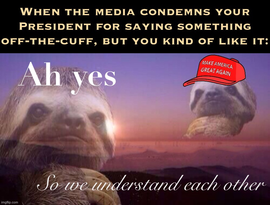 The Art of the Gaffe | When the media condemns your President for saying something off-the-cuff, but you kind of like it:; Ah yes; So we understand each other | image tagged in sloth vs maga sloth,the,art,of,the gaffe,maga | made w/ Imgflip meme maker
