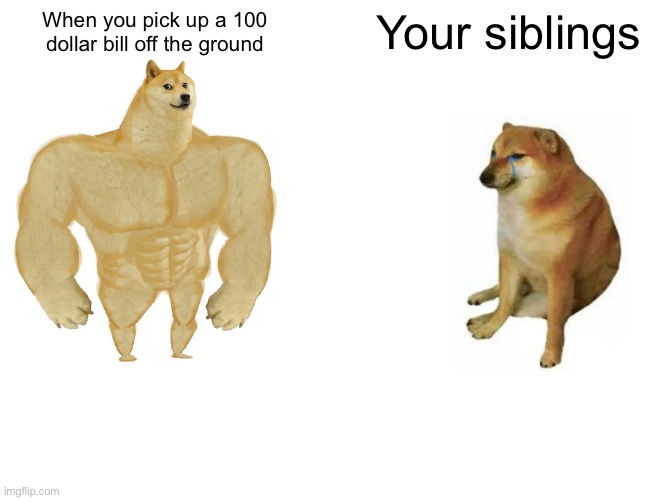 Buff Doge vs. Cheems | When you pick up a 100 dollar bill off the ground; Your siblings | image tagged in memes,buff doge vs cheems | made w/ Imgflip meme maker