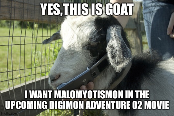 Goat on the phone | YES,THIS IS GOAT; I WANT MALOMYOTISMON IN THE UPCOMING DIGIMON ADVENTURE 02 MOVIE | image tagged in goat on the phone | made w/ Imgflip meme maker