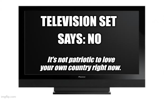 Television | TELEVISION SET SAYS: NO It's not patriotic to love your own country right now. | image tagged in television | made w/ Imgflip meme maker