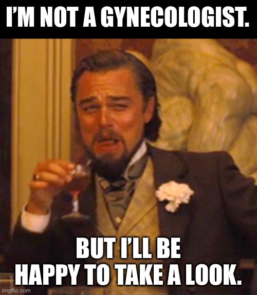 Maybe somebody who is not a professional can make a correct determination. | I’M NOT A GYNECOLOGIST. BUT I’LL BE HAPPY TO TAKE A LOOK. | image tagged in memes,laughing leo | made w/ Imgflip meme maker