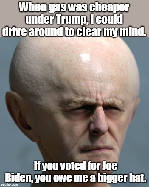 Don't forget to thank a Democrat for the mess they've created! | When gas was cheaper under Trump, I could drive around to clear my mind. If you voted for Joe Biden, you owe me a bigger hat. | image tagged in big brain,stupid liberals,election fraud,inflation,joe biden | made w/ Imgflip meme maker
