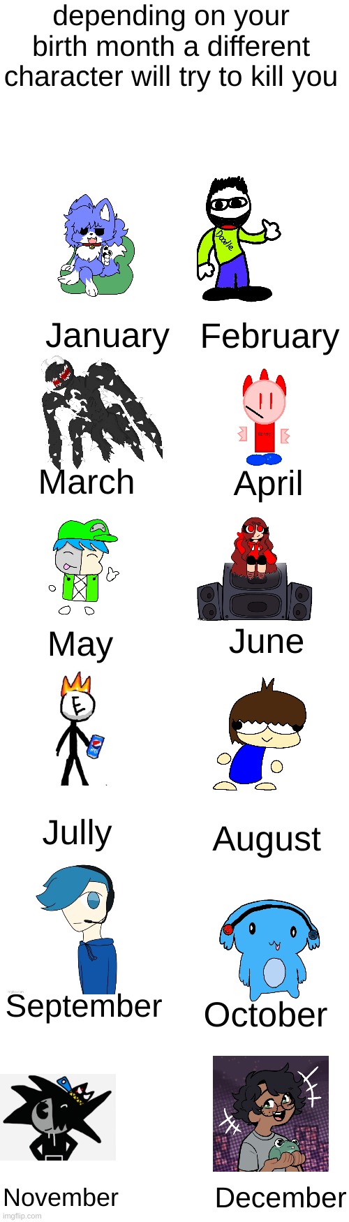 *insert Copypasta* | depending on your birth month a different character will try to kill you; January; February; March; April; June; May; Jully; August; September; October; December; November | image tagged in long blank white template | made w/ Imgflip meme maker