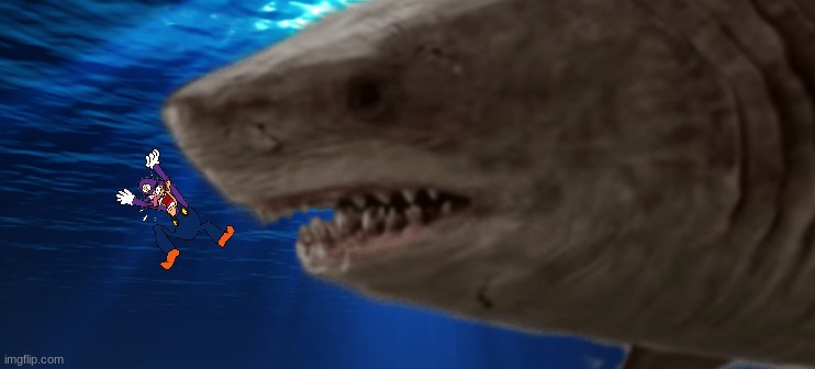 Waluigi dies by a Megalodon.mp3 | image tagged in waluigi,shark,megalodon,ocean,prehistoric,animals | made w/ Imgflip meme maker
