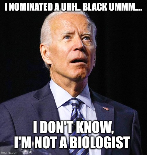 She's nominated for being a woman but can't define what a woman is. ? | I NOMINATED A UHH.. BLACK UMMM.... I DON'T KNOW, I'M NOT A BIOLOGIST | image tagged in joe biden,captain picard facepalm,politics,creepy joe biden,kentucky fried chicken,supreme court | made w/ Imgflip meme maker