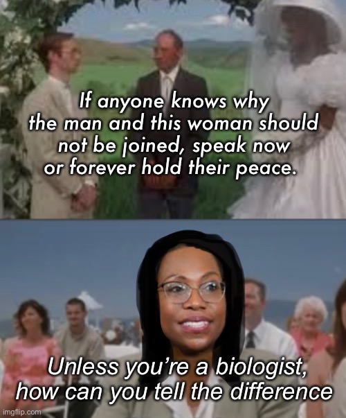 A bigoted presumption on the part of the pastor. | If anyone knows why the man and this woman should not be joined, speak now or forever hold their peace. Unless you’re a biologist, how can you tell the difference | image tagged in politics lol,memes,supreme court | made w/ Imgflip meme maker