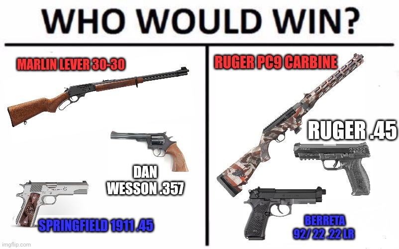 Which loadout is best? | RUGER PC9 CARBINE; MARLIN LEVER 30-30; RUGER .45; DAN WESSON .357; BERRETA 92/ 22 .22 LR; SPRINGFIELD 1911 .45 | image tagged in memes,who would win,loadout,get the gun | made w/ Imgflip meme maker