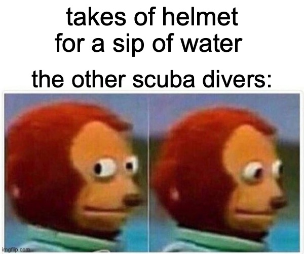 I got thirsty! | takes of helmet for a sip of water; the other scuba divers: | image tagged in memes,monkey puppet,funny,fun,ocean | made w/ Imgflip meme maker