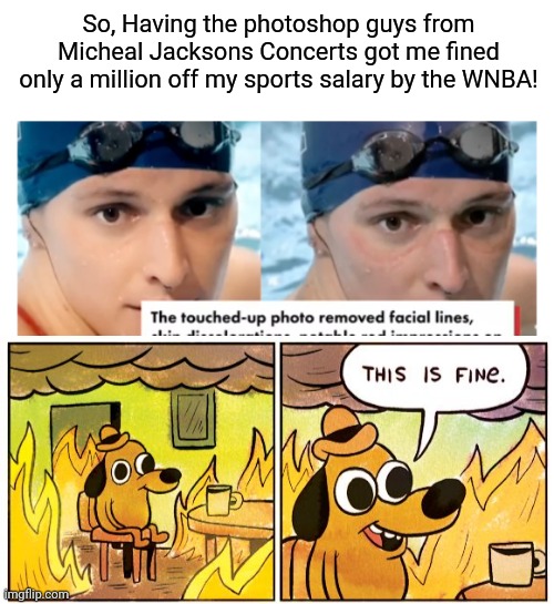 smorts fine | So, Having the photoshop guys from Micheal Jacksons Concerts got me fined only a million off my sports salary by the WNBA! | image tagged in memes,this is fine,smorts,fines,wnba,transgender athe1337 | made w/ Imgflip meme maker