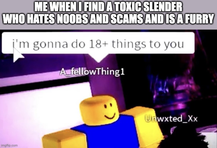 I’m Gonna Do 18+ Things To You | ME WHEN I FIND A TOXIC SLENDER WHO HATES NOOBS AND SCAMS AND IS A FURRY | image tagged in i m gonna do 18 things to you | made w/ Imgflip meme maker