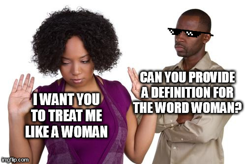 Gender bender |  CAN YOU PROVIDE
A DEFINITION FOR
THE WORD WOMAN? I WANT YOU
TO TREAT ME
LIKE A WOMAN | image tagged in couples,gender identity,gender confusion | made w/ Imgflip meme maker