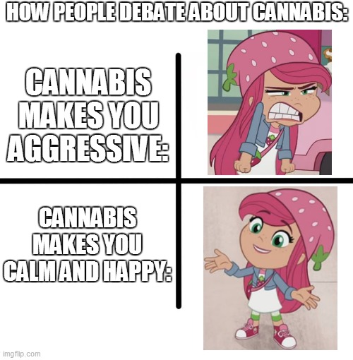 The cannabis debate | HOW PEOPLE DEBATE ABOUT CANNABIS:; CANNABIS MAKES YOU AGGRESSIVE:; CANNABIS MAKES YOU CALM AND HAPPY: | image tagged in memes,blank starter pack,strawberry shortcake,strawberry shortcake berry in the big city,cannabis,dank memes | made w/ Imgflip meme maker
