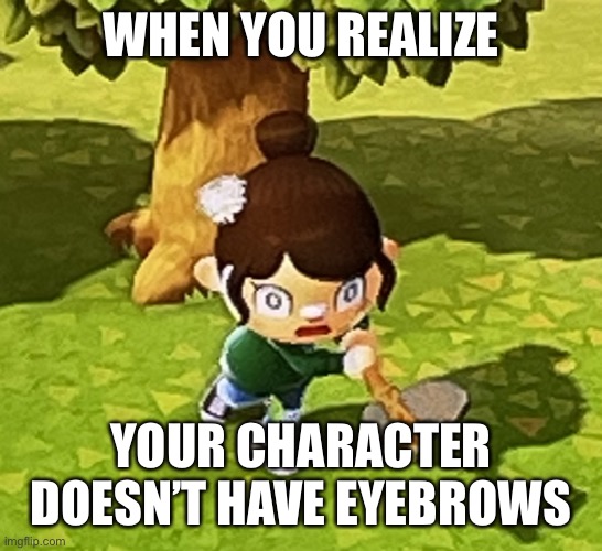 ACNH axe face | WHEN YOU REALIZE; YOUR CHARACTER DOESN’T HAVE EYEBROWS | image tagged in acnh axe face | made w/ Imgflip meme maker