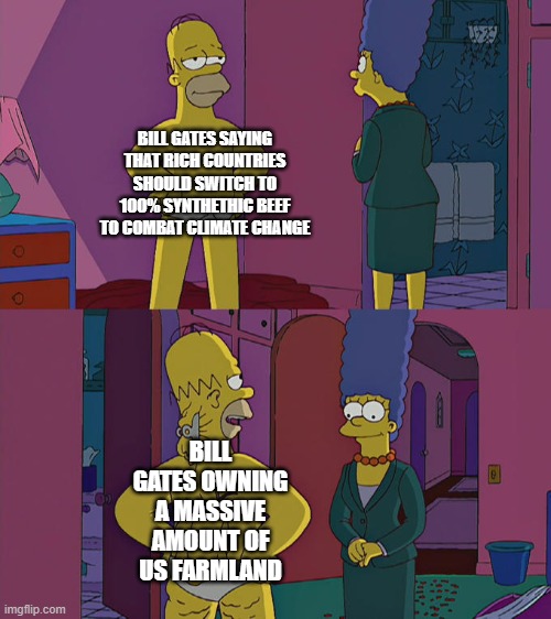 Homer Simpson's Back Fat | BILL GATES SAYING THAT RICH COUNTRIES SHOULD SWITCH TO 100% SYNTHETHIC BEEF TO COMBAT CLIMATE CHANGE; BILL GATES OWNING A MASSIVE AMOUNT OF US FARMLAND | image tagged in homer simpson's back fat | made w/ Imgflip meme maker