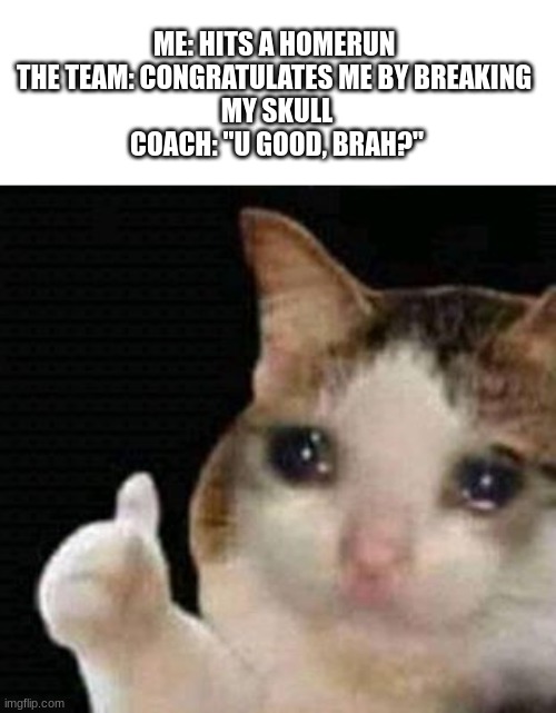 Baseball & football players will get this. This literally happened to me yesterday. | ME: HITS A HOMERUN 
THE TEAM: CONGRATULATES ME BY BREAKING 
MY SKULL
COACH: "U GOOD, BRAH?" | image tagged in sad thumbs up cat | made w/ Imgflip meme maker