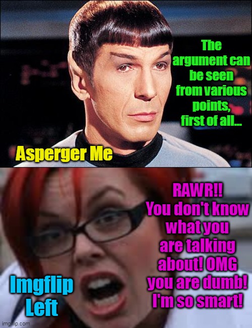 Discussions on Imgflip politic forum be like. | The argument can be seen from various points, first of all... RAWR!! You don't know what you are talking about! OMG you are dumb! I'm so smart! Asperger Me; Imgflip Left | image tagged in condescending spock,sjw triggered,liberals,democrats,morons,angry people | made w/ Imgflip meme maker