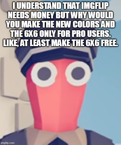 TABS Stare | I UNDERSTAND THAT IMGFLIP NEEDS MONEY BUT WHY WOULD YOU MAKE THE NEW COLORS AND THE 6X6 ONLY FOR PRO USERS. LIKE, AT LEAST MAKE THE 6X6 FREE. | image tagged in tabs stare | made w/ Imgflip meme maker