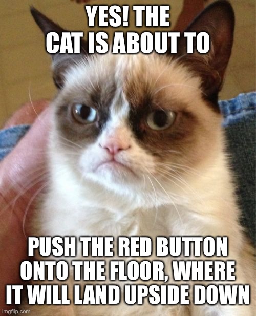Grumpy Cat Meme | YES! THE CAT IS ABOUT TO PUSH THE RED BUTTON ONTO THE FLOOR, WHERE IT WILL LAND UPSIDE DOWN | image tagged in memes,grumpy cat | made w/ Imgflip meme maker