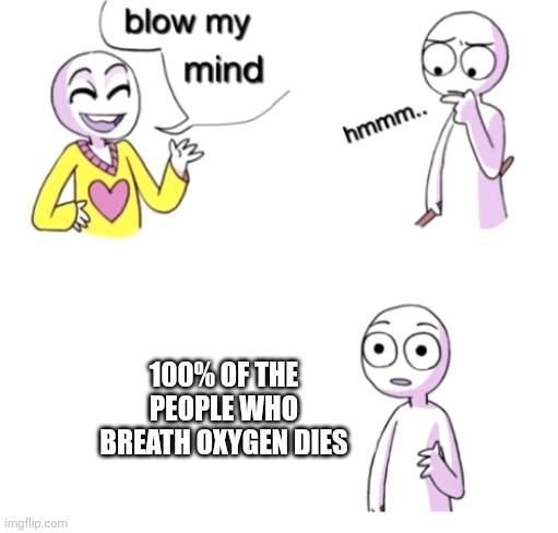 Facts | 100% OF THE PEOPLE WHO BREATH OXYGEN DIES | image tagged in blow my mind | made w/ Imgflip meme maker