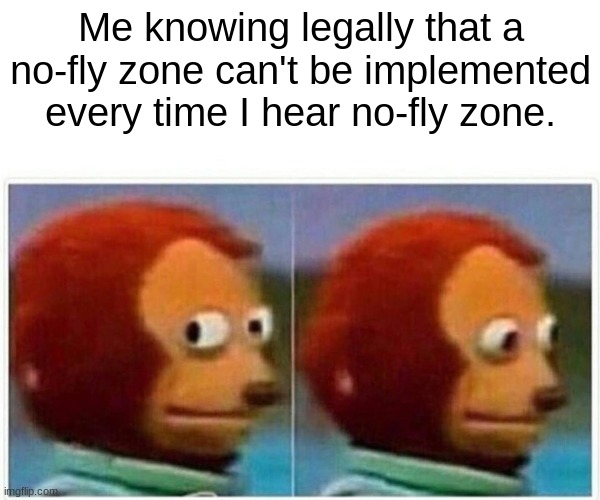 Monkey Puppet Meme | Me knowing legally that a no-fly zone can't be implemented every time I hear no-fly zone. | image tagged in memes,monkey puppet | made w/ Imgflip meme maker