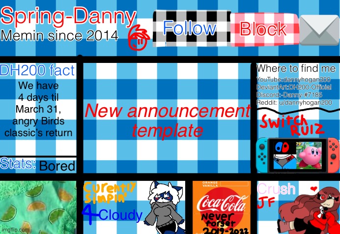 How does it look? | New announcement template; We have 4 days til March 31, angry Birds classic’s return; Bored; Cloudy | image tagged in spring-danny announcement template | made w/ Imgflip meme maker