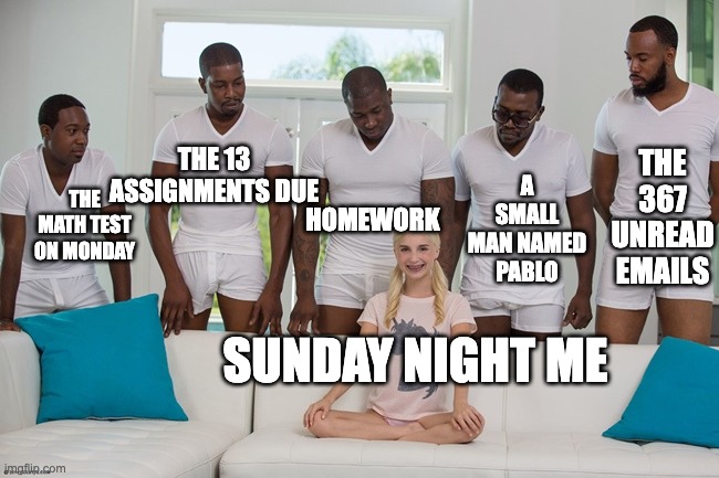 piper perri | THE 13 ASSIGNMENTS DUE; A SMALL MAN NAMED PABLO; THE 367 UNREAD EMAILS; THE MATH TEST ON MONDAY; HOMEWORK; SUNDAY NIGHT ME | image tagged in piper perri,math,school | made w/ Imgflip meme maker