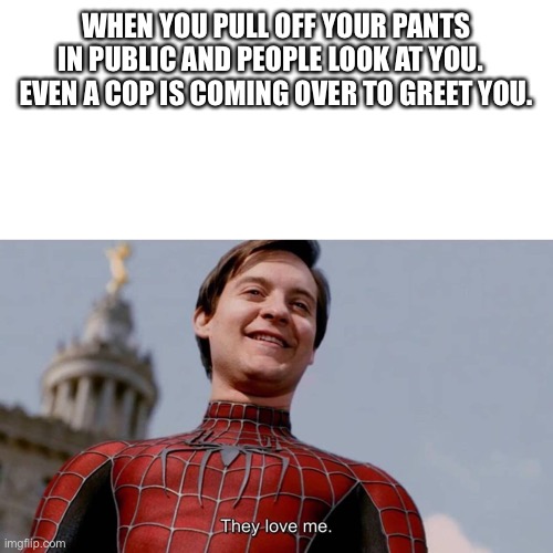 Ever done this? | WHEN YOU PULL OFF YOUR PANTS IN PUBLIC AND PEOPLE LOOK AT YOU.   EVEN A COP IS COMING OVER TO GREET YOU. | image tagged in they love me,relatable | made w/ Imgflip meme maker