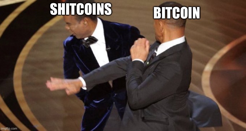 Bitcoin | BITCOIN; SHITCOINS | image tagged in chris rock will smith slap | made w/ Imgflip meme maker