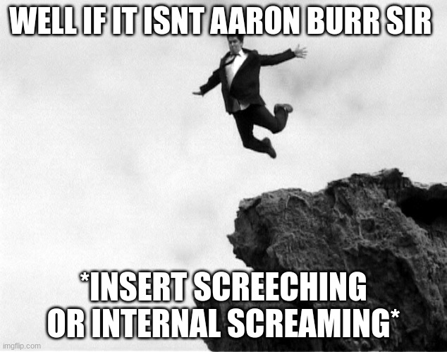 Aaron Burr sir |  WELL IF IT ISNT AARON BURR SIR; *INSERT SCREECHING OR INTERNAL SCREAMING* | image tagged in man jumping off a cliff | made w/ Imgflip meme maker