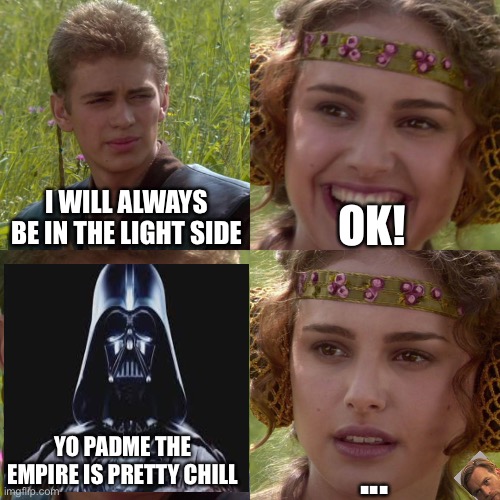 The empire begins | I WILL ALWAYS BE IN THE LIGHT SIDE; OK! ... YO PADME THE EMPIRE IS PRETTY CHILL | image tagged in anakin padme 4 panel | made w/ Imgflip meme maker