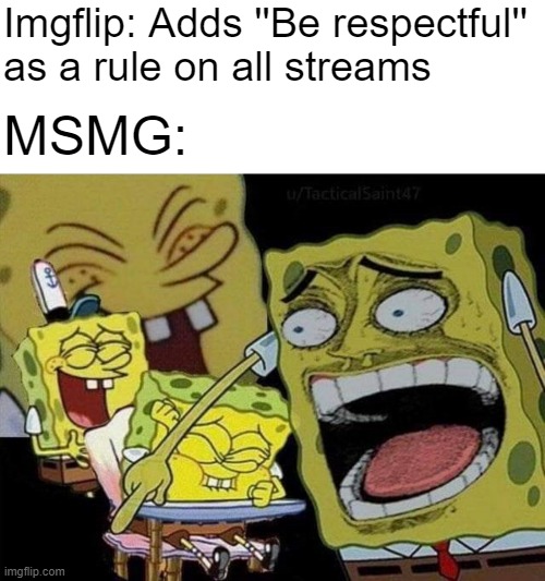 Imgflip: Adds ''Be respectful'' as a rule on all streams; MSMG: | image tagged in memes,blank transparent square,spongebob laughing | made w/ Imgflip meme maker