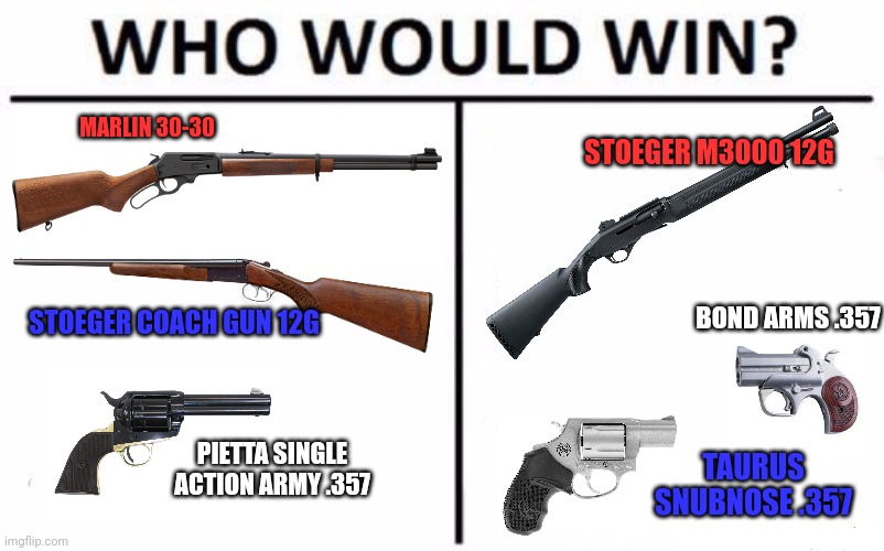 Which loadout is better? | MARLIN 30-30 PIETTA SINGLE ACTION ARMY .357 STOEGER COACH GUN 12G STOEGER M3000 12G BOND ARMS .357 TAURUS SNUBNOSE .357 | image tagged in memes,who would win,loadout,guns,get the gun | made w/ Imgflip meme maker