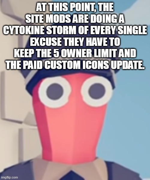 i might as well leave imgflip | AT THIS POINT, THE SITE MODS ARE DOING A CYTOKINE STORM OF EVERY SINGLE EXCUSE THEY HAVE TO KEEP THE 5 OWNER LIMIT AND THE PAID CUSTOM ICONS UPDATE. | image tagged in tabs stare | made w/ Imgflip meme maker