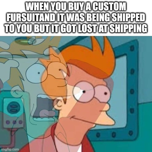 Cri | WHEN YOU BUY A CUSTOM FURSUITAND IT WAS BEING SHIPPED TO YOU BUT IT GOT LOST AT SHIPPING | image tagged in fry | made w/ Imgflip meme maker