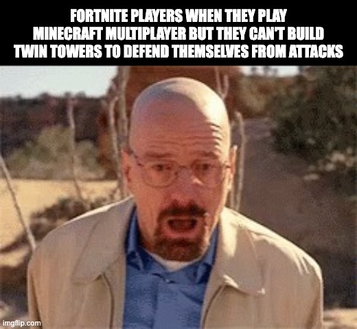 not hating fortnite, its actually fun despite the 9 yr old toxics | FORTNITE PLAYERS WHEN THEY PLAY MINECRAFT MULTIPLAYER BUT THEY CAN'T BUILD TWIN TOWERS TO DEFEND THEMSELVES FROM ATTACKS | image tagged in walter white | made w/ Imgflip meme maker
