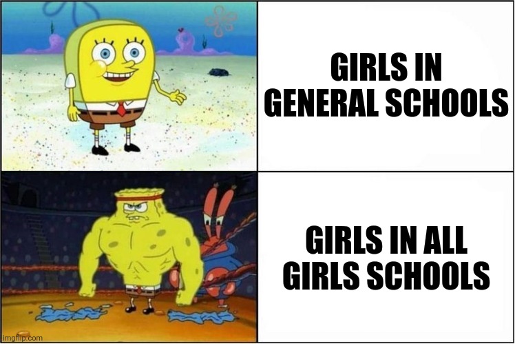 All girls school | GIRLS IN GENERAL SCHOOLS; GIRLS IN ALL GIRLS SCHOOLS | image tagged in weak vs strong spongebob | made w/ Imgflip meme maker