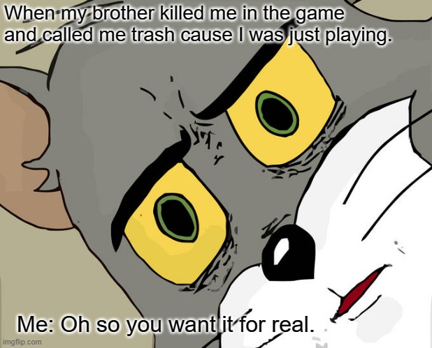 <good tittle> | When my brother killed me in the game and called me trash cause I was just playing. Me: Oh so you want it for real. | image tagged in memes,unsettled tom | made w/ Imgflip meme maker