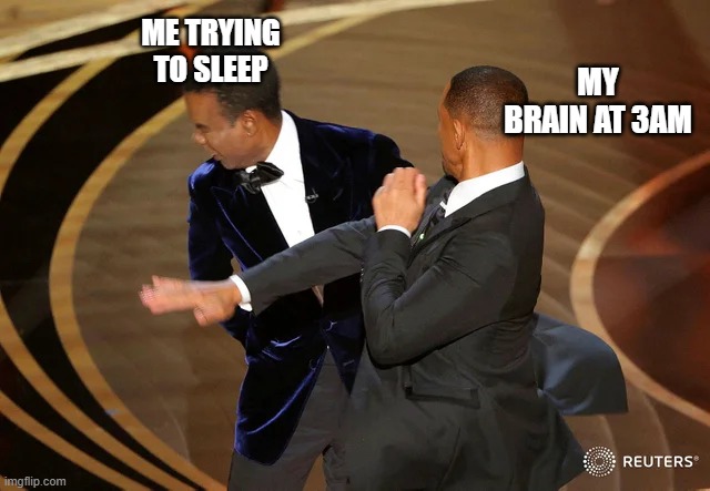 Will Smith punching Chris Rock | ME TRYING TO SLEEP; MY BRAIN AT 3AM | image tagged in will smith punching chris rock | made w/ Imgflip meme maker