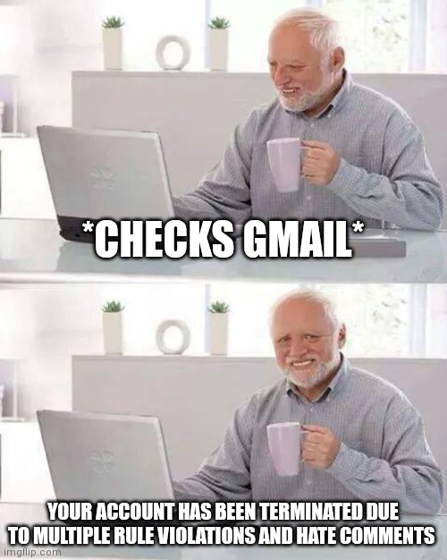 True story | *CHECKS GMAIL*; YOUR ACCOUNT HAS BEEN TERMINATED DUE TO MULTIPLE RULE VIOLATIONS AND HATE COMMENTS | image tagged in memes,hide the pain harold,true story | made w/ Imgflip meme maker